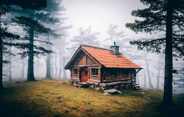 霧の霧の朝の森の木造の小屋