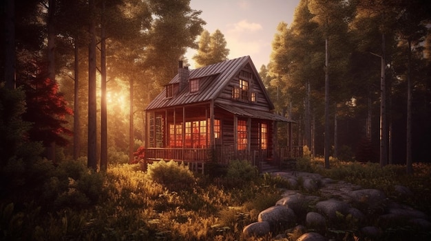 Wooden cottage in the forest at sunrise generative ai