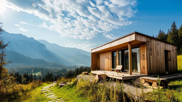 Wooden cottage in nature in sunny day Recreation center in the mountains Ai Generative