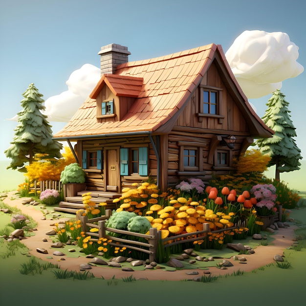 Wooden cottage with flowers in the garden 3D illustration