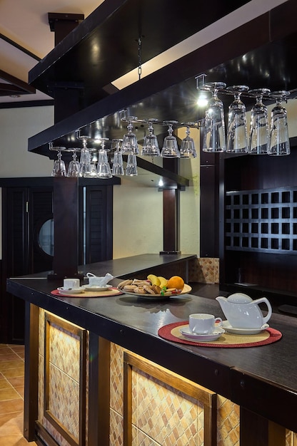 Wooden counter in an institution bar counter in a fruit\
restaurant