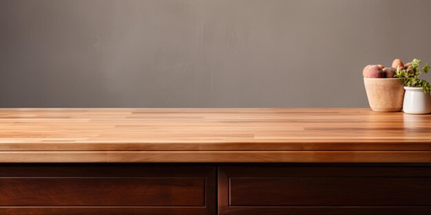 Photo wooden counter on kitchen cabinet background