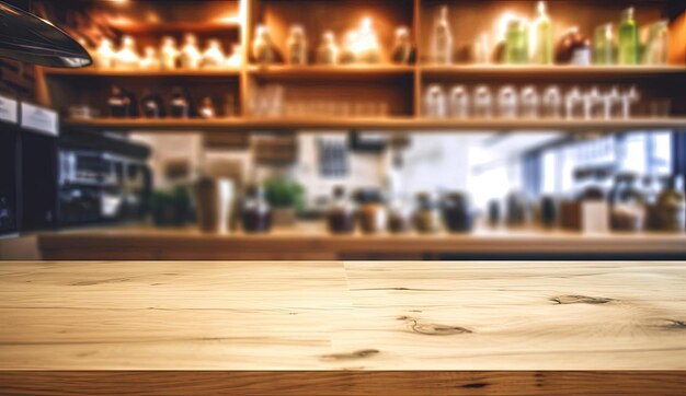 Photo a wooden counter in a kitchen store in the style of bokeh panorama