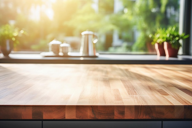 Wooden counter table on blurred kitchen background