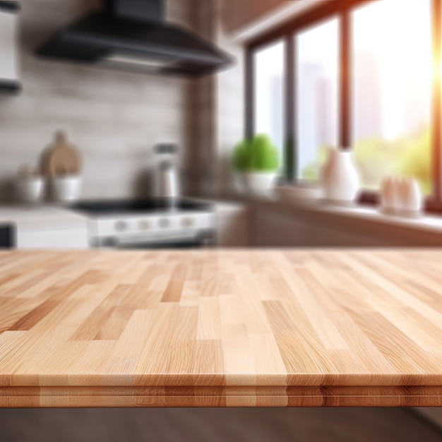 A wooden counter top in a kitchen with a window behind it.