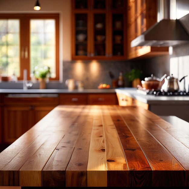 Photo wooden counter top in modern luxury kitchen blank backdrop for product mockup