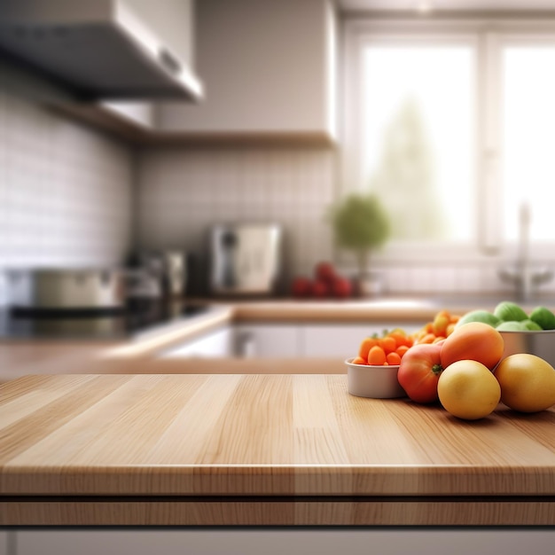 A wooden counter top with a bowl of fruit on it.