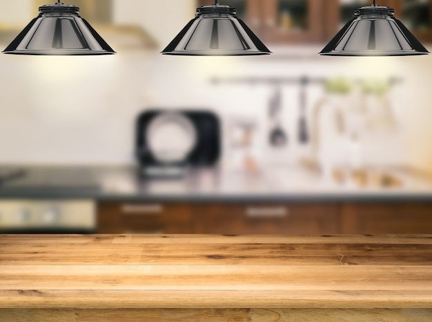 Wooden counter with 3d rendering hanging lamps with kitchen background