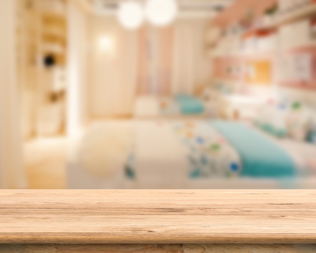 Wooden counter with bedroom blurred background