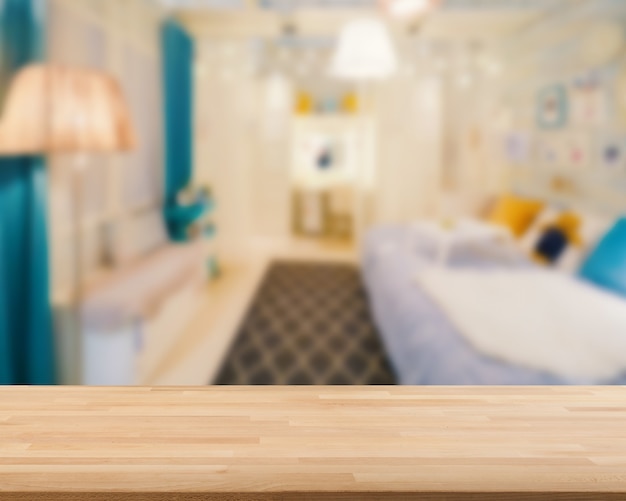 Wooden counter with bedroom blurred background