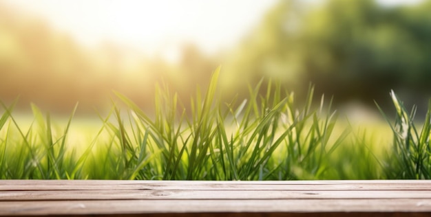 wooden counter with grass in the background with sun and blue sky