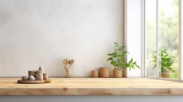 Wooden counter with a white kitchen interior and a plant Generative AI