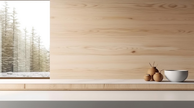 Wooden counter with a white kitchen interior and a plant Generative AI