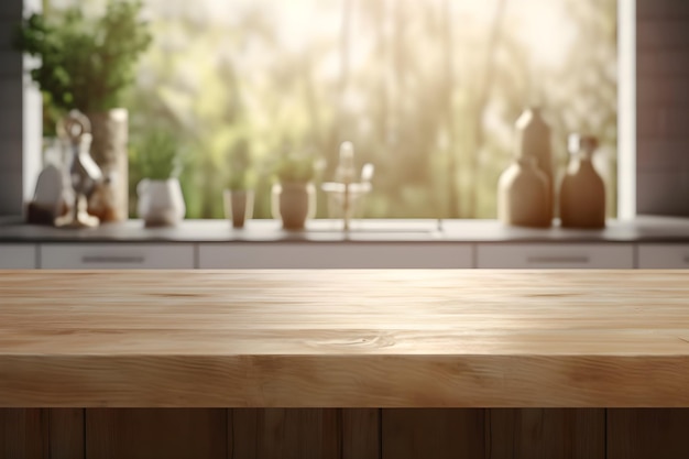 Wooden countertop on blur kitchen interior background with natural light generative ai