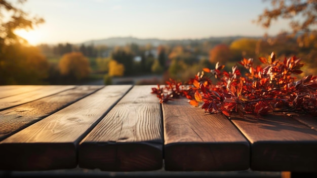 Wooden countertop on a blurred background of autumn colorful landscape Generated by AI