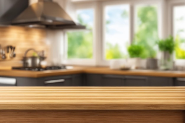 Wooden Countertop with Blurred Kitchen Window