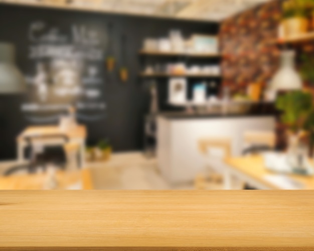 Wooden countertop with restaurant blurred background