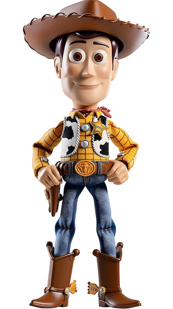 Photo a wooden cowboy doll with a brown hat and a brown vest he is holding a gun and has a smile on his face