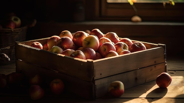 A wooden crate of apples is on a table with the sun shining on it.