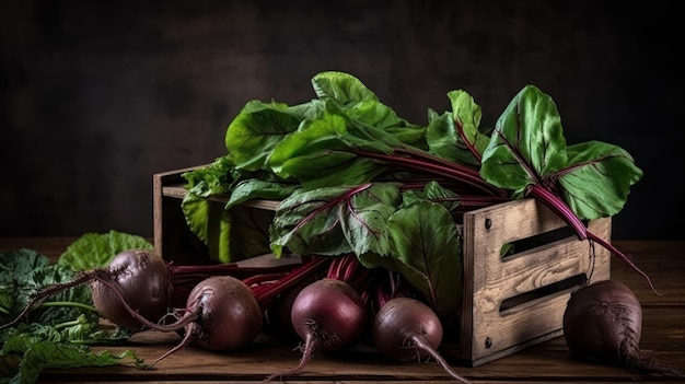 A wooden crate of beets sits on a table.