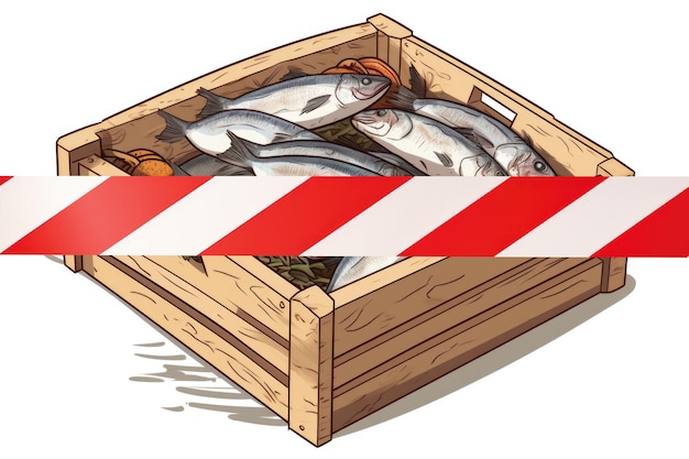 A wooden crate filled with fish with red prohibition tape fish contaminated from radioactive water