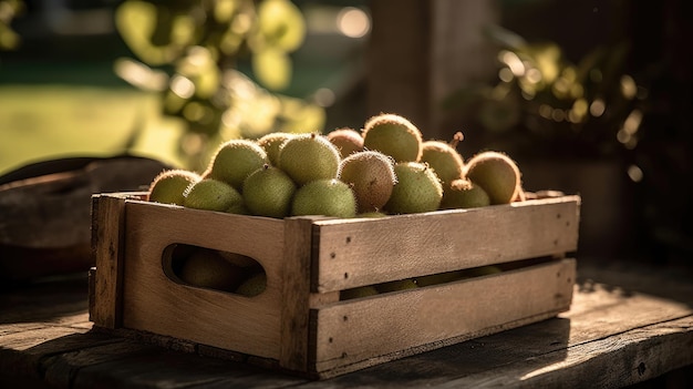 A wooden crate of fruit sits on a table in front of a tree.