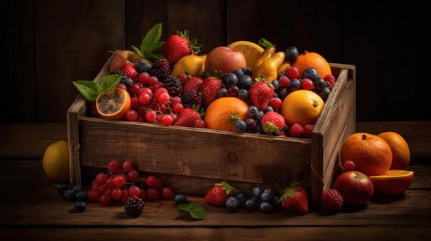 A wooden crate of fruit with a box of fruit in it