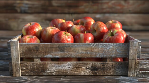 Photo a wooden crate full of fresh ripe apples the apples are red and green and they are all different sizes