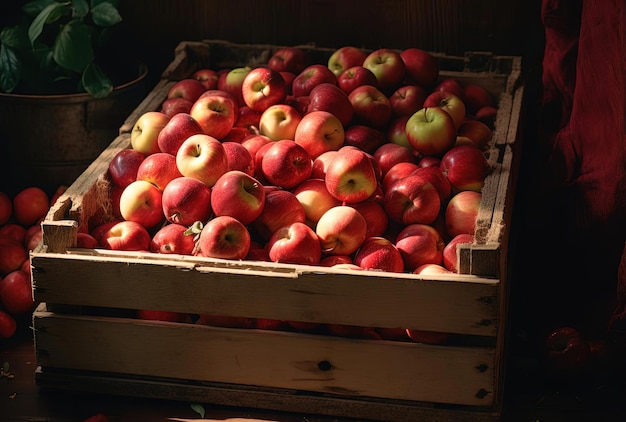 a wooden crate full of red apples in the style of light bronze and green