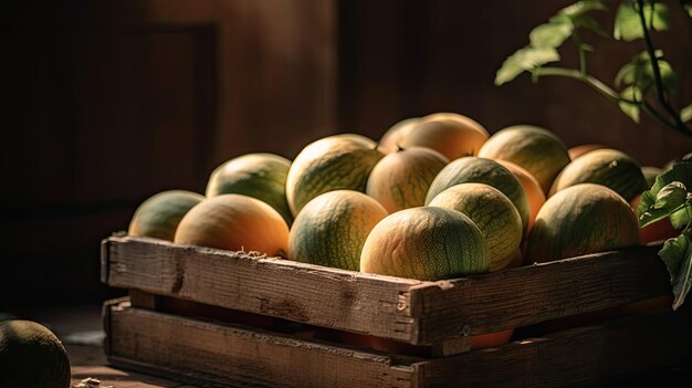 A wooden crate of melons sits in a wooden crate.