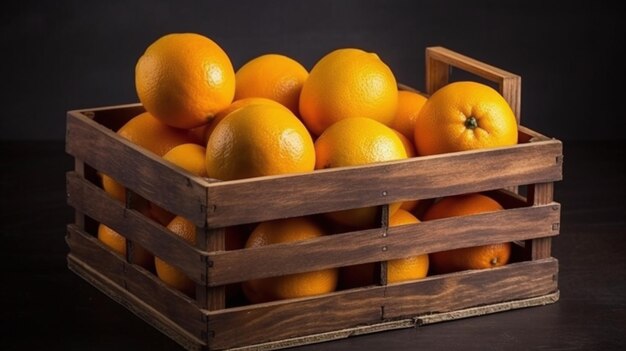 A wooden crate of oranges is on a black background.