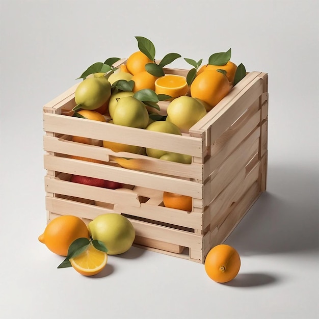 A wooden crate of oranges with leaves on the side