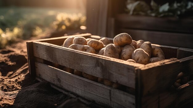 Photo a wooden crate of potatoes sits in a field.