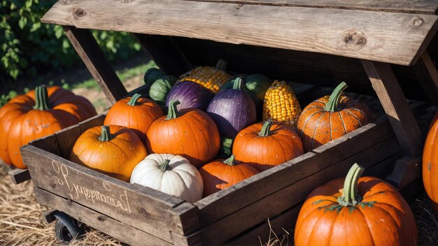 A wooden crate of pumpkins sits in a wooden crate.