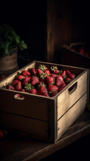 A wooden crate of strawberries sits on a table.