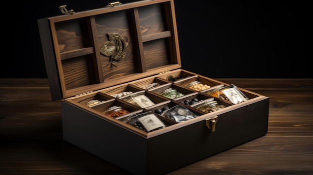 Wooden crate with compartments for gourmet food assortment