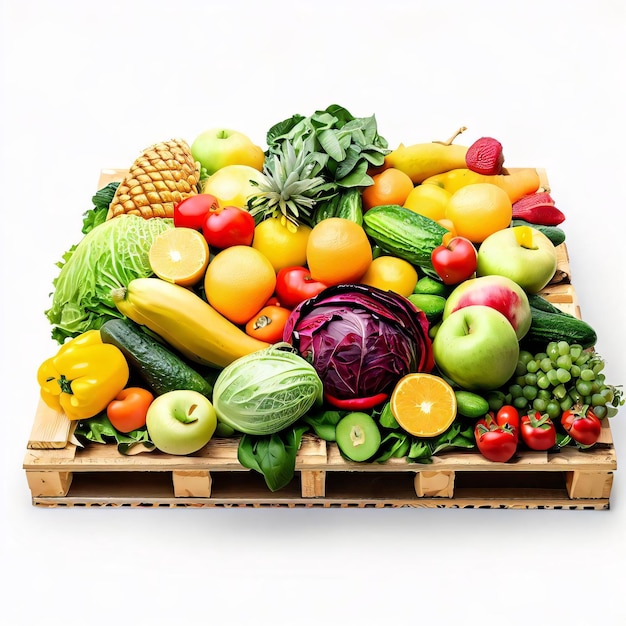 A wooden crate with a variety of fruits and vegetables on it.