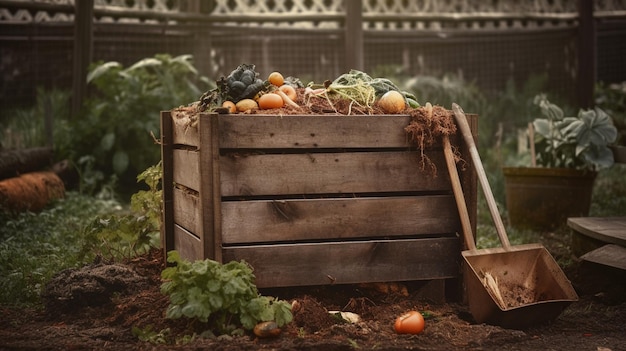 A wooden crate with vegetables in it and a bucket with a rake on it.