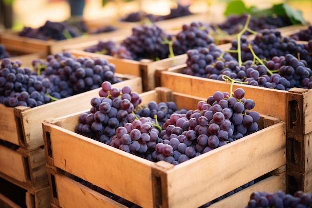 Wooden crates filled with grapes