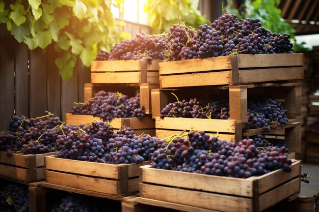 Wooden crates filled with grapes