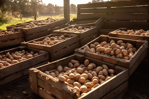 Деревянные ящики картофеля на ферме