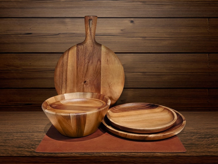 फोटो wooden crockery wooden pizza tray in the kitchen on wooden table background