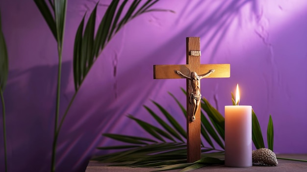 Деревянная крестная свеча и пальмовые листья на фиолетовом фоне