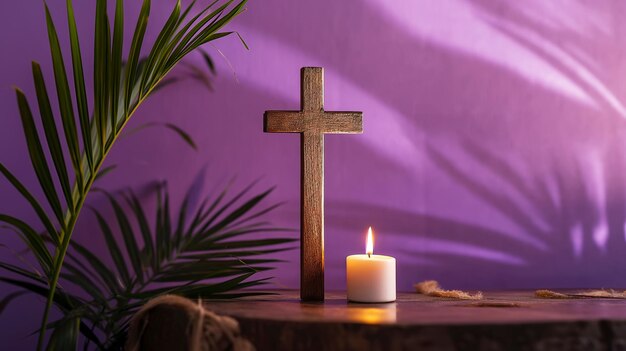 Photo wooden cross candle and palm leaves on purple background