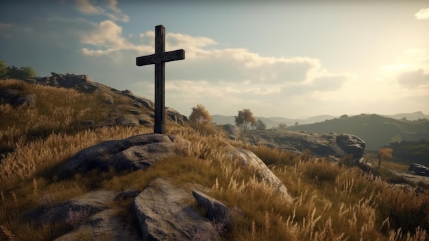 Wooden cross and colorful sunrise in a forested valley in the mountains Generative ai