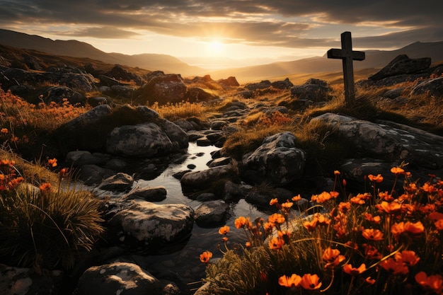 Wooden cross in the field under orange sky generative IA