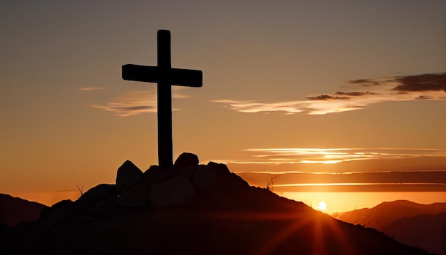 Wooden cross on a hill at sunset Generative AI