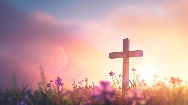 A wooden cross stands in a field of flowers at sunset The sky is a bright orange and pink and the sun is setting behind the cross