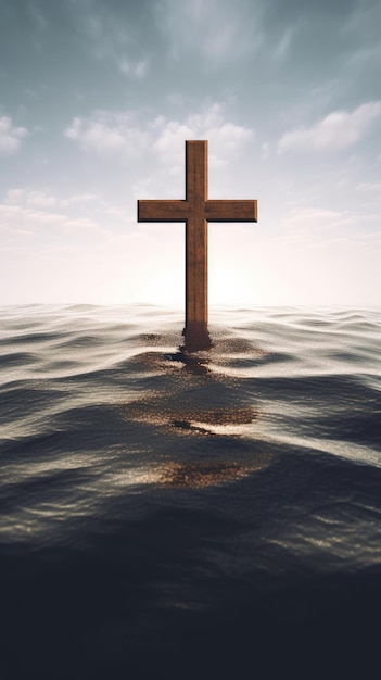 Wooden cross stands surrounded by water Generative AI