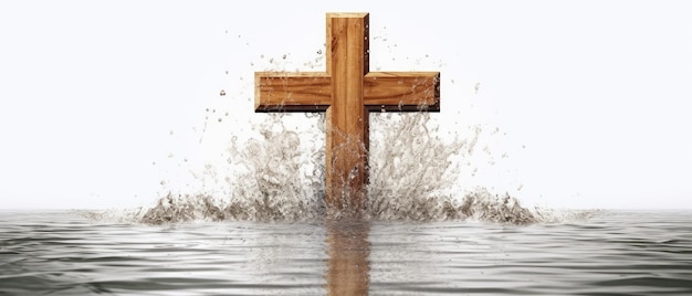 Wooden cross stands surrounded by water Generative AI